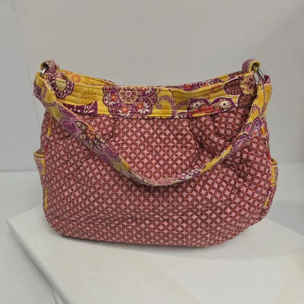 Vera Bradley Shoulder Bag Womens Yellow Pink Floral Quilted Cotton Purse Handbag - Picture 2 of 9